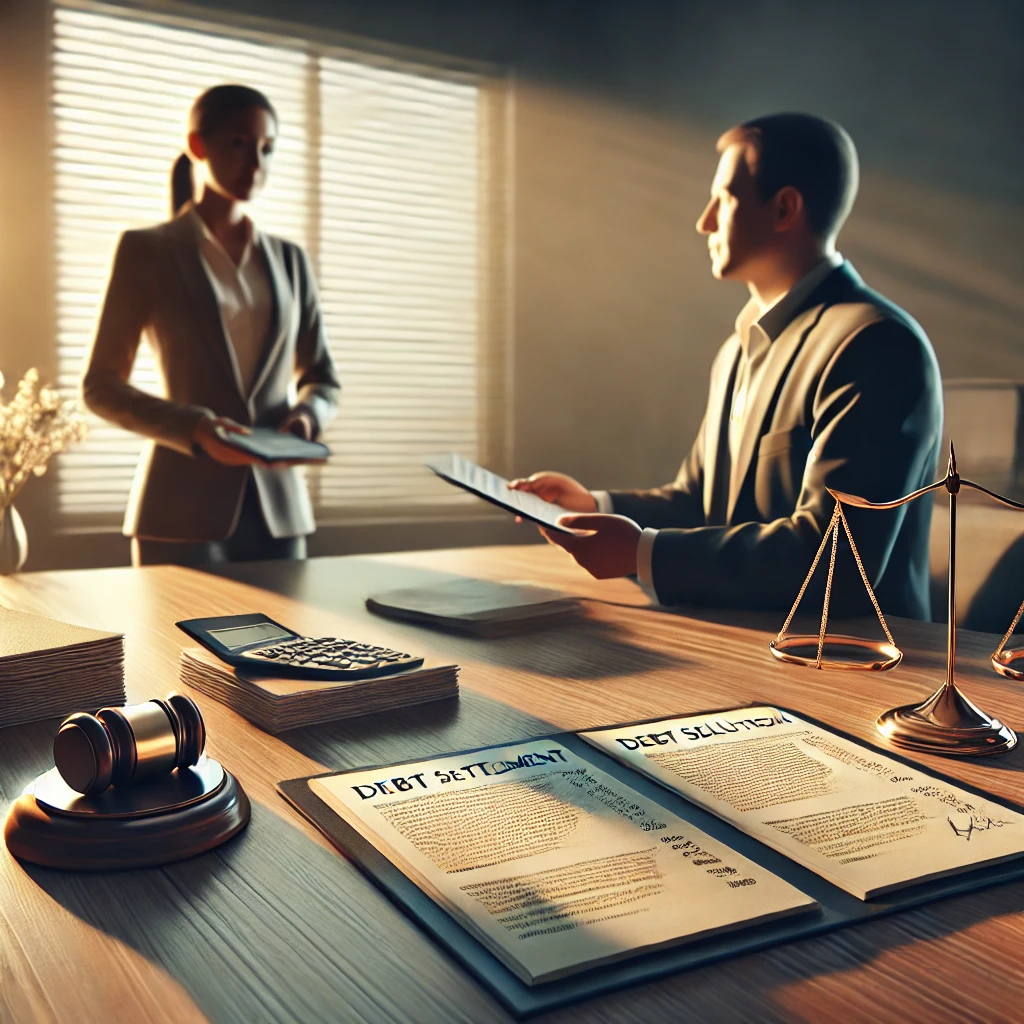 DALLE_2024-10-12_23_56_13_-_A_realistic_illustration_for_a_blog_post_about_debt_settlement_with_creditors__The_image_shows_a_professional_setting_with_a_lawyer_and_a_client_discu.webp