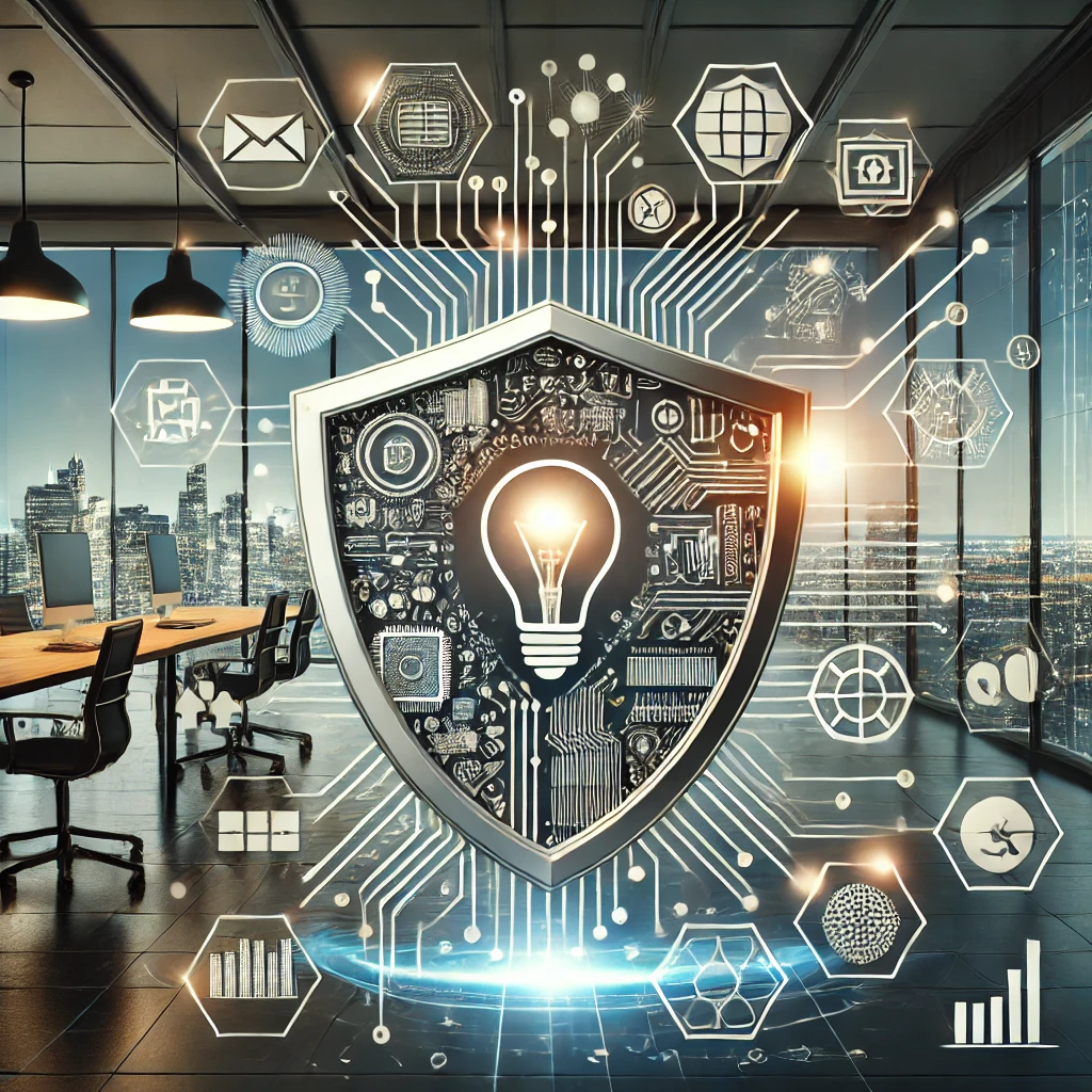 DALLE_2024-10-18_17_24_30_-_A_modern_and_sleek_image_representing_the_technology_and_commercial_startups_sector__The_scene_features_a_digital_shield_symbolizing_legal_services_an.webp