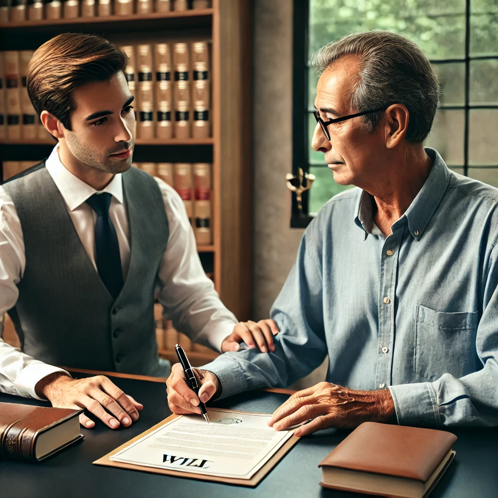 DALLE_2024-10-19_22_13_26_-_A_professional_office_setting_where_a_lawyer_is_guiding_a_middle-aged_client_through_the_process_of_drafting_a_will__The_client_is_holding_a_pen__read.webp