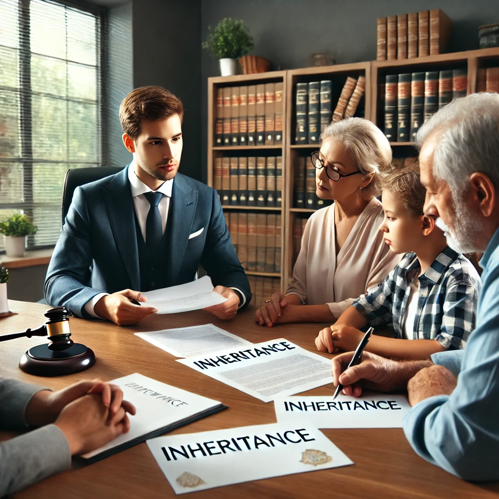 DALLE_2024-10-19_23_16_58_-_A_calm_and_professional_office_setting_where_a_lawyer_is_explaining_inheritance_documents_to_a_family__The_lawyer_sits_at_a_desk__with_papers_labeled_.webp