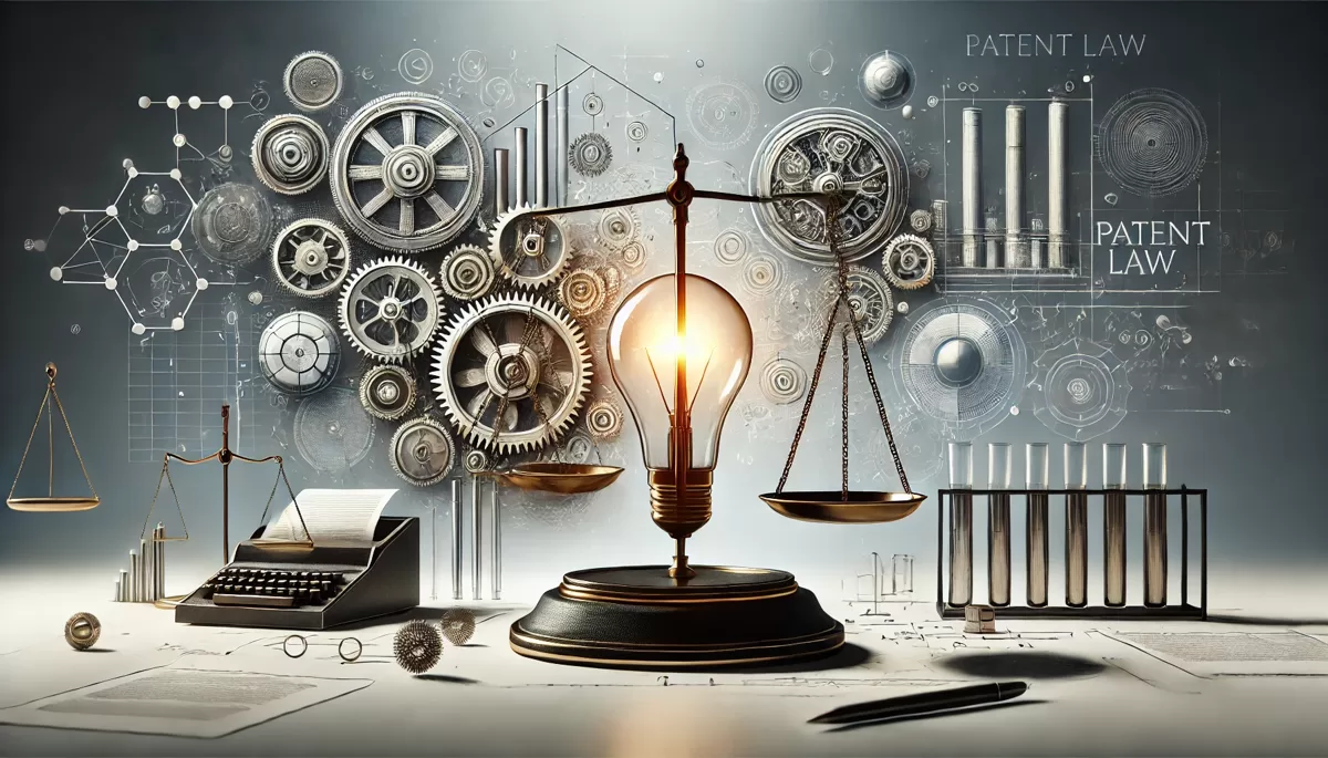 DALLE_2024-06-23_20_22_01_-_A_modern_representation_of_patent_law__The_scene_should_include_elements_such_as_abstract_gears__technical_drawings__a_light_bulb__and_a_balanced_scal.webp