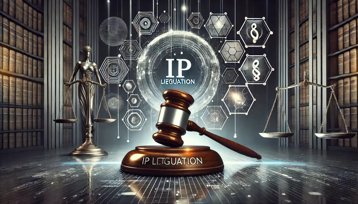 DALLE_2024-06-23_20_23_58_-_A_modern_representation_of_IP_litigation__The_scene_should_include_elements_such_as_a_gavel__a_shield__abstract_digital_patterns__and_a_scale_of_justi.webp